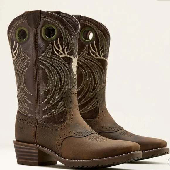 Ariat Men's Hybrid Roughstock Antler Dark Brown Boots with Cream Accents - Picture 6 of 15